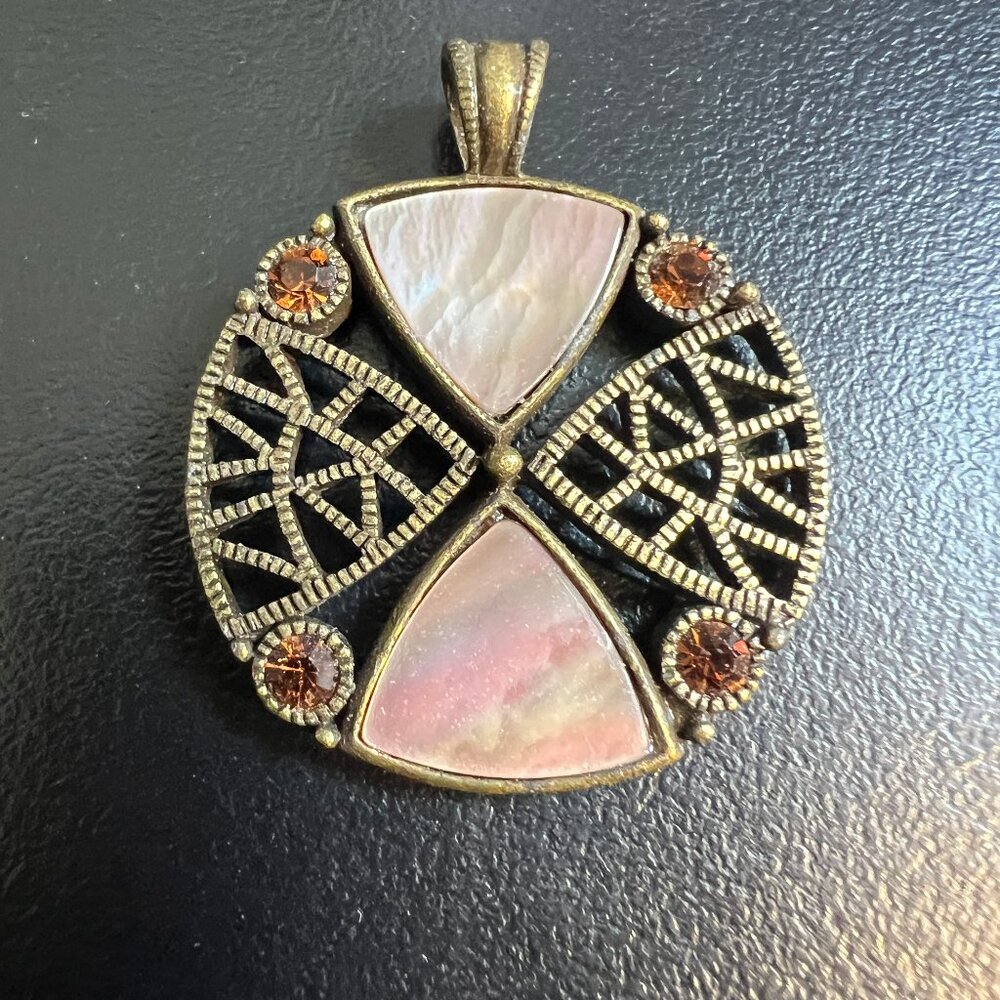 Lia Sophia Pendant Gold Crystals Mother‎ of Pearl Insets Antiqued Gold Tone